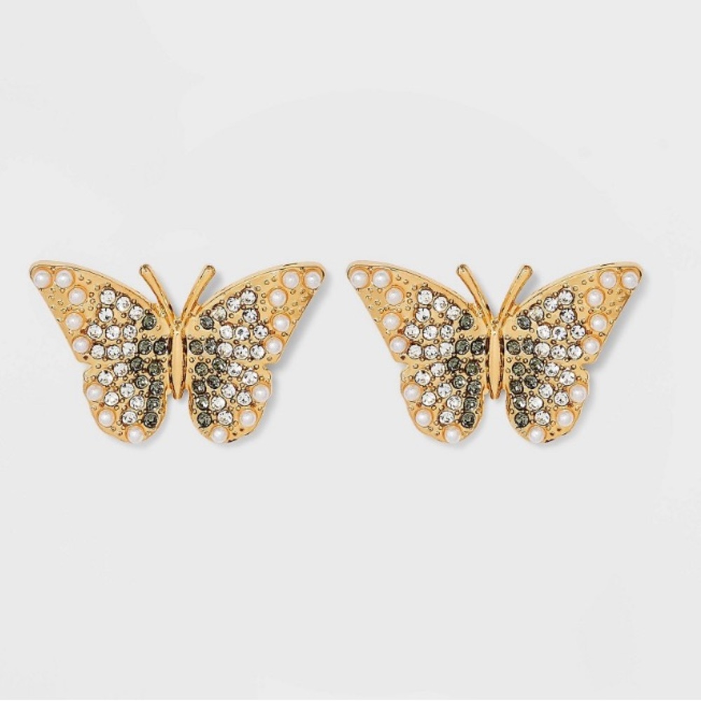 NWT SUGARFIX by BaubleBar Crystal Wings Butterfly Stud Statement Earrings - Gold